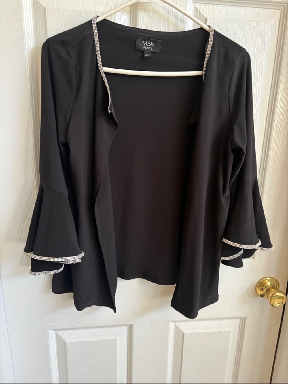 MSK Black Open Front Ruffle Sleeve Jacket with Rhinestone Trim
